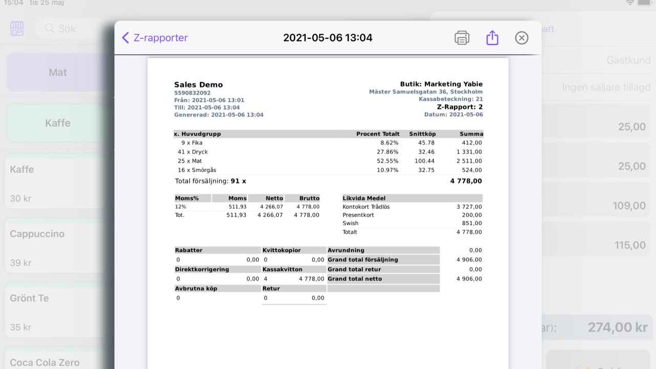 Vy för kvitto o Yabies kassasystem på iPad