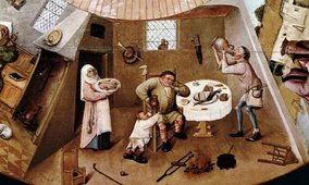 Gluttony depicted within Hieronymus Bosch's 'The Seven Deadly Sins' (c.1500). Credit: Wikimedia/ Museo del Prado, Madrid.