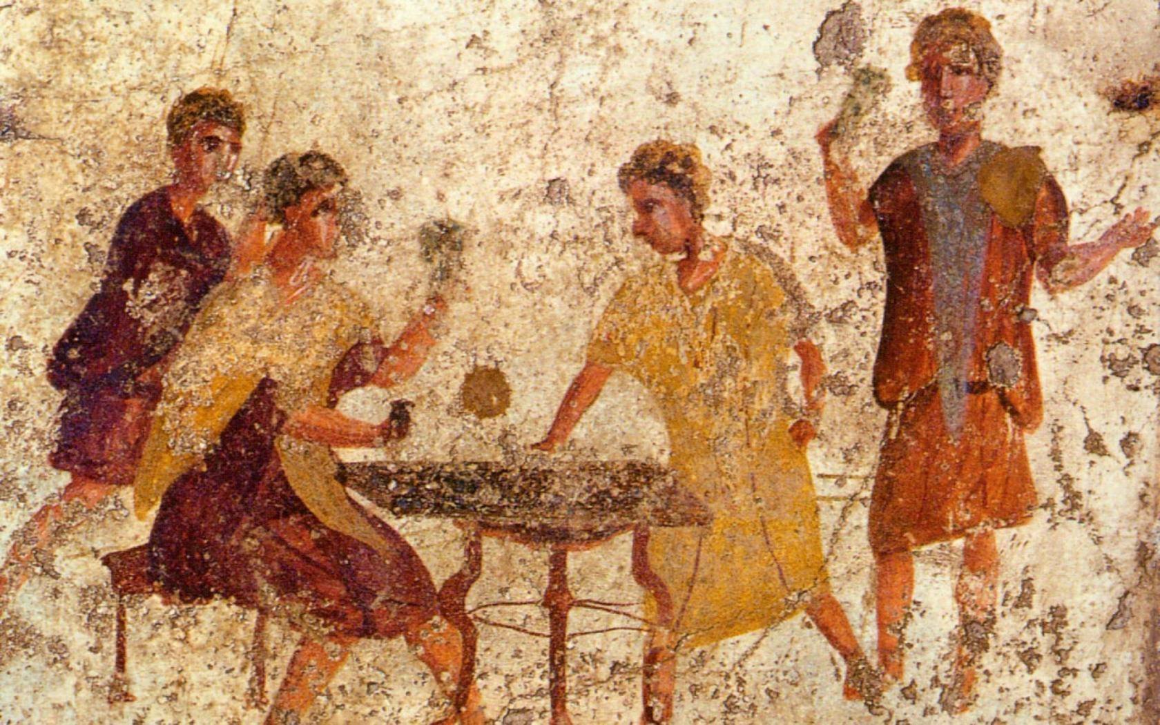 A Roman fresco from the Osteria della Via di Mercurio in Pompeii depicting a group of men having fun playing dice.