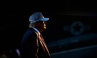 President Donald Trump inside the hangar bay of Nimitz-class aircraft carrier USS George Washington in Yokosuka, Japan on 28 October 2025.