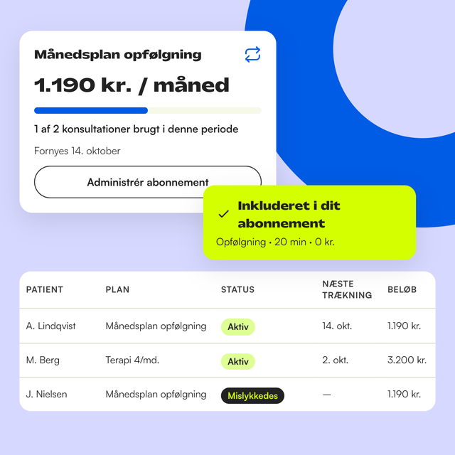 Oversigt over abonnementer med plan, status og næste trækning