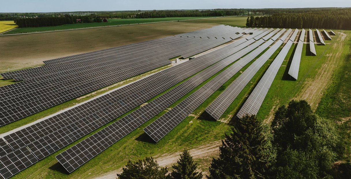 Solparken i Fj&auml;llsk&auml;r fr&aring;n ovan, omgiven av &aring;ker och skog
