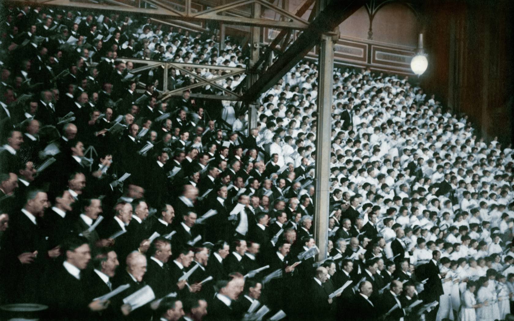 Massed choirs performing Handel's 'Messiah' at Crystal Palace.