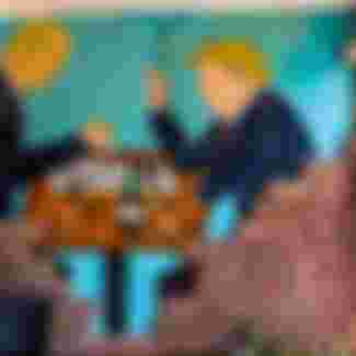 Street art in Tbilisi of Donald Trump and Vladimir Putin playing chess.