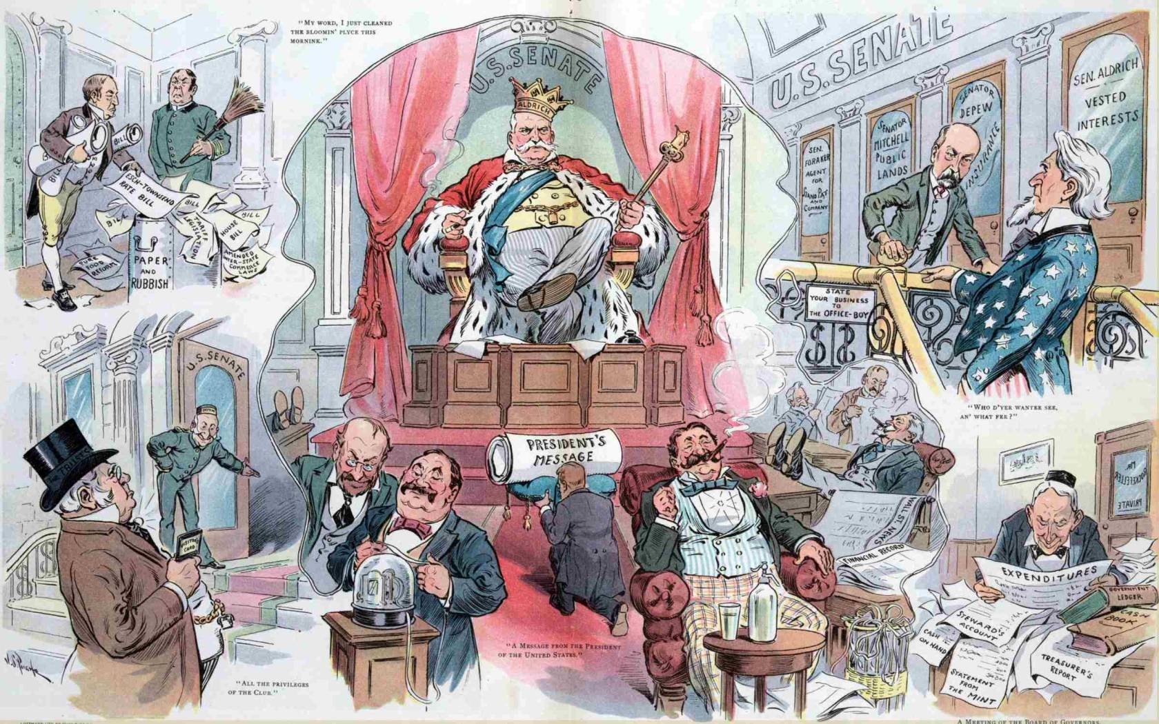 Puck cartoon from 1905 depicts Nelson Aldrich as king of the US Senate with a diminutive Theodore Roosevelt kneeling before him.