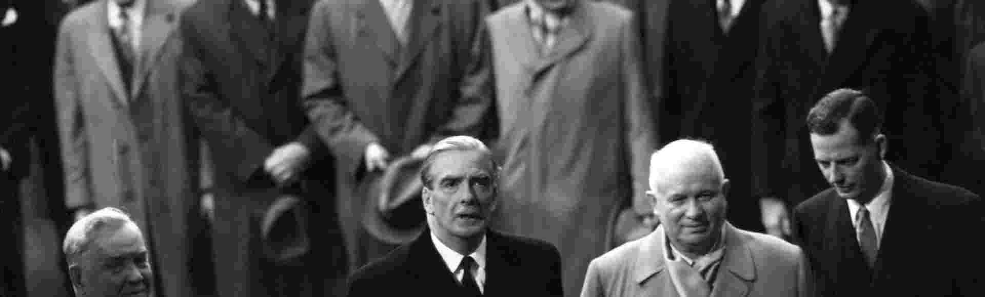 Prime Minister Sir Anthony Eden at Victoria Station in London to meet Marshal Nikolai Bulganin (left), chairman of the Council of Ministers of the USSR, and Nikita Krushchev, First Secretary of the Soviet Communist Party.
