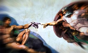 The Creation of Adam, composed with a robot hand.