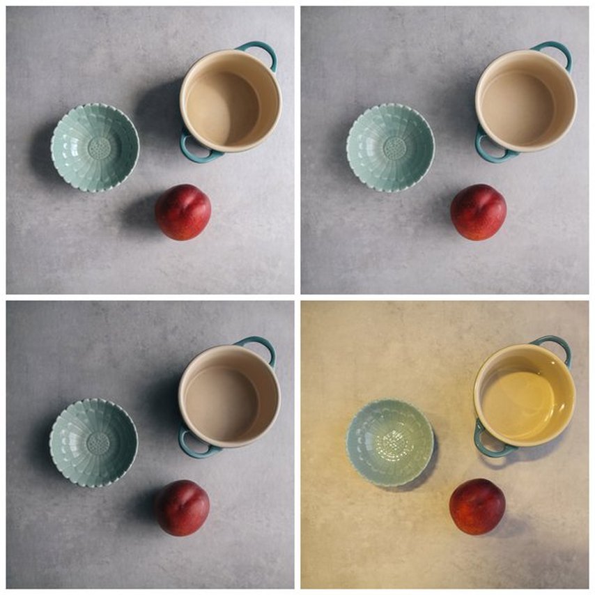 Øverst til venstre: Dagslys fra vinduer uten gardiner. Øverst til høyre: Dagslys fra vinduer med gardiner myker opp skyggene. Nederst til venstre: Et svart teppe på skyggesiden fjerner refleksjon av lyset og øker kontrasten i bildet. Nederst til høyre: Taklyset og dagslyset har forskjellig fargeverdier og hvitbalanse blir derfor vanskelig. Retningen på lyset blir også utydelig og objektet kaster flere skygger.