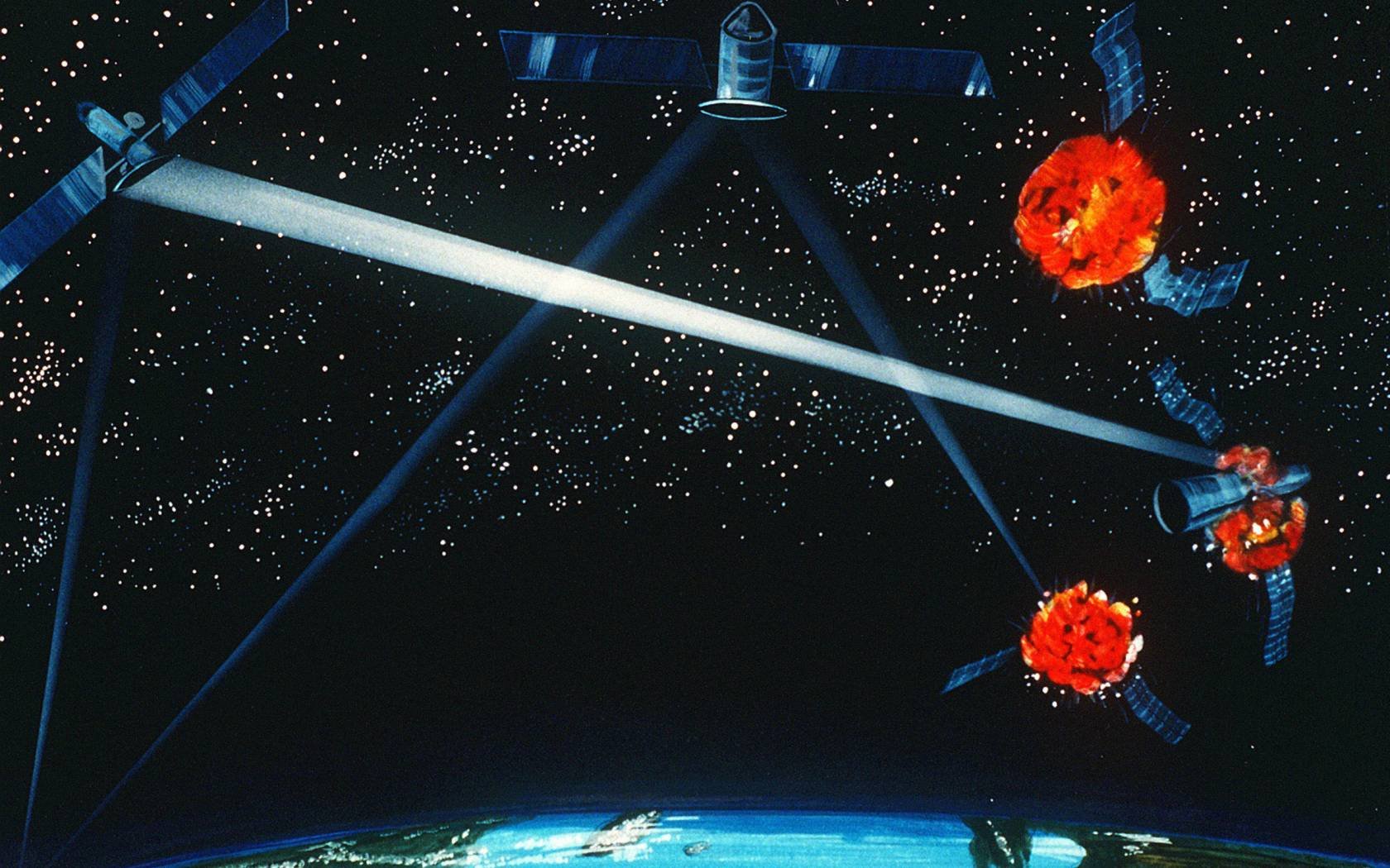 An artist's concept of a hybrid ground and space-based laser weapon destroying enemy satellites.