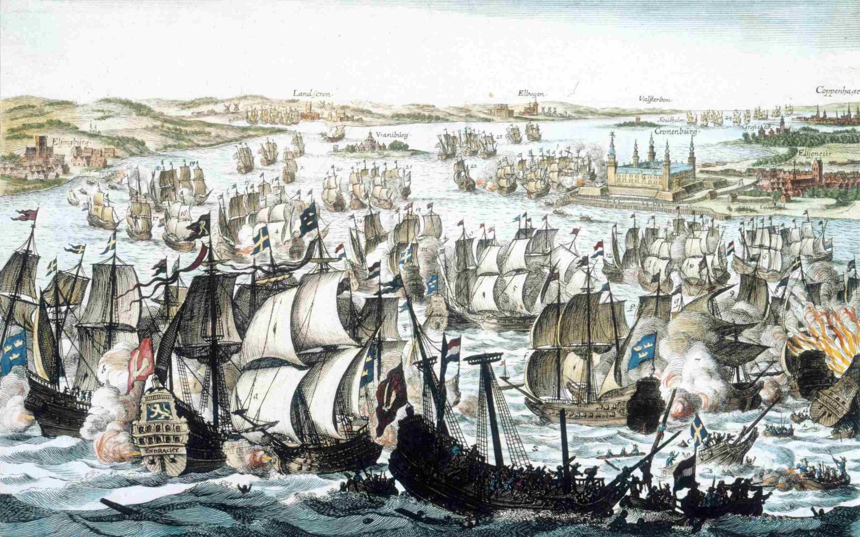 A depiction of the Battle of the Sound (1658), a naval battle fought between Sweden and the Dutch Republic, by an unknown artist.
