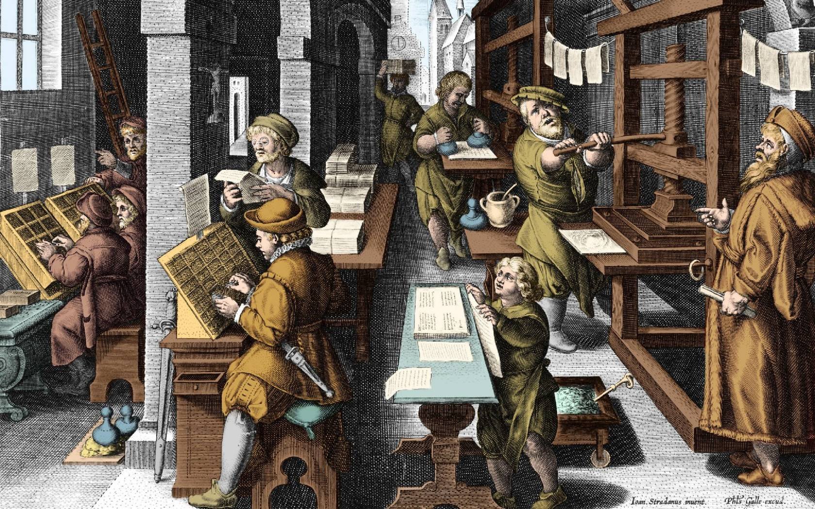 A 16th century print dramatising the invention of book printing.