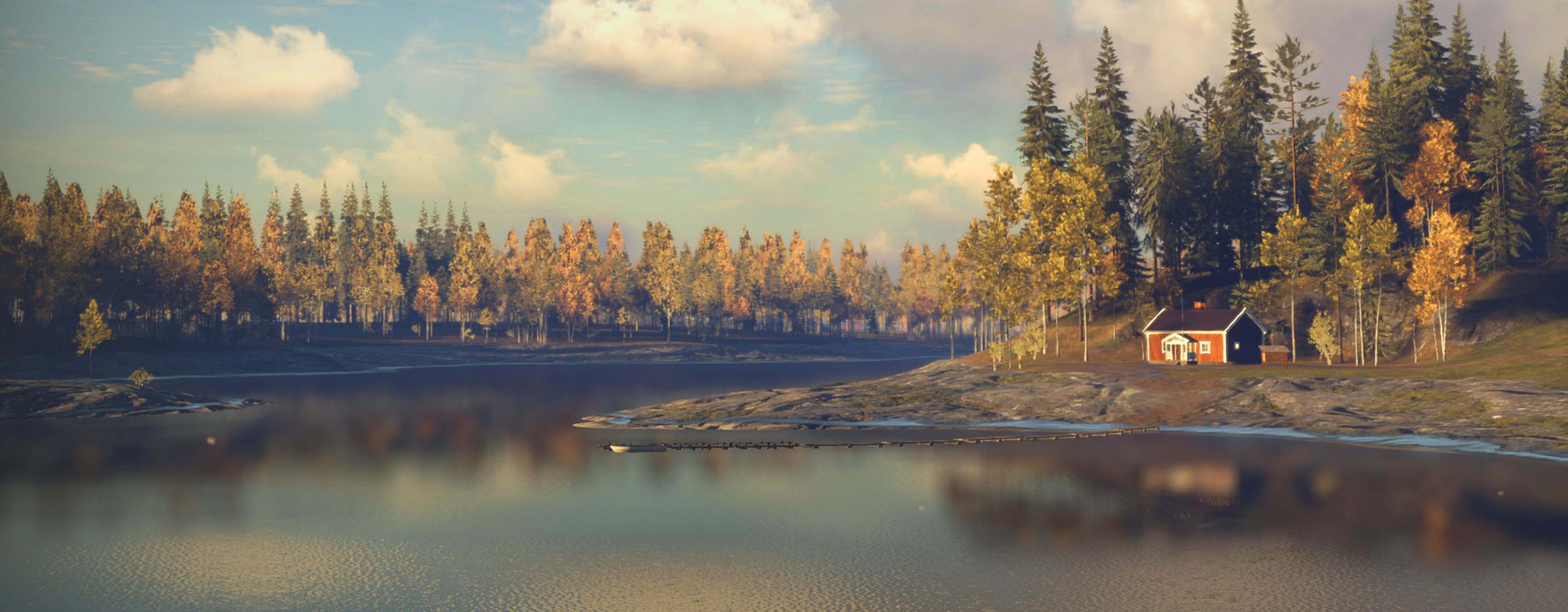 Scenic landscape image of a serene lake with a small red cabin by the shore. The forest surorunding the lake is a mix of evergreens and deciduous tress that have changed color to oranges and reds for autumn. This is a screenshot from Revontuli Coast, a Reserve DLC from theHunter: Call of the Wild