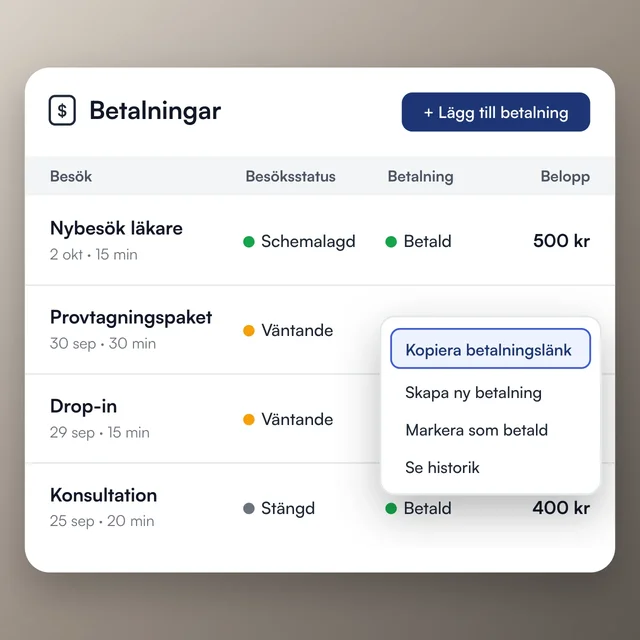 Betalfliken i Curoflow med patientbetalningar och status