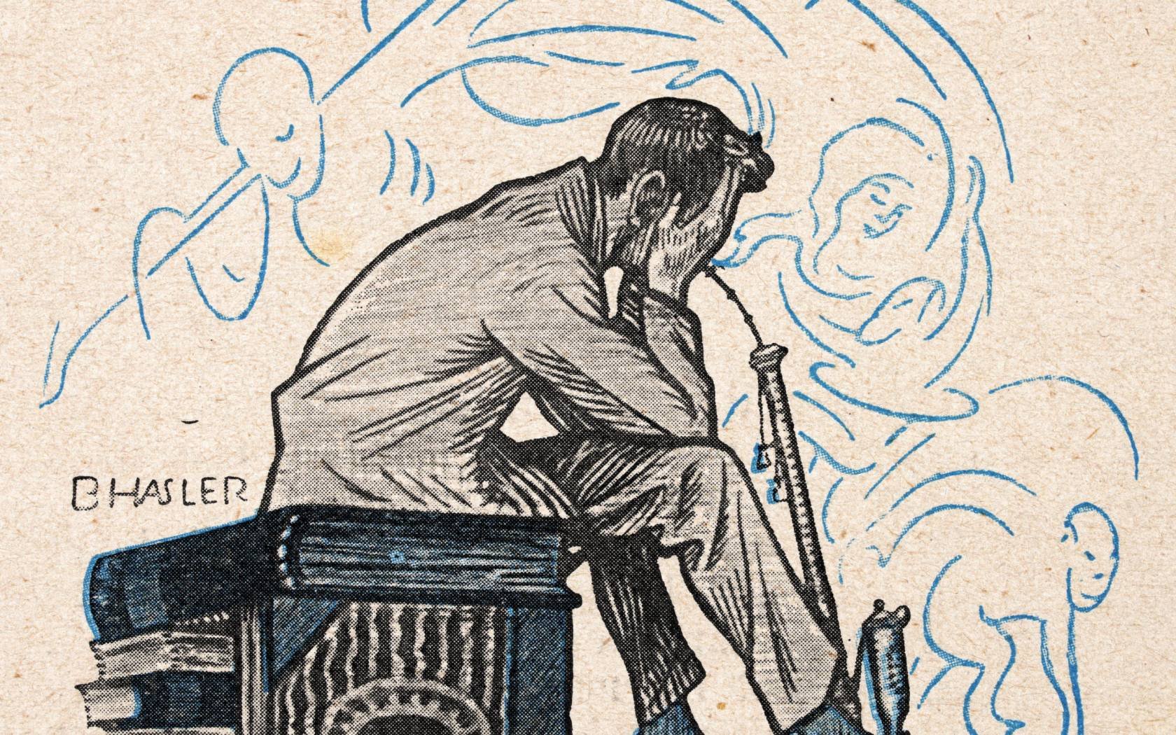Vintage illustration of a man sitting on a pile of books.