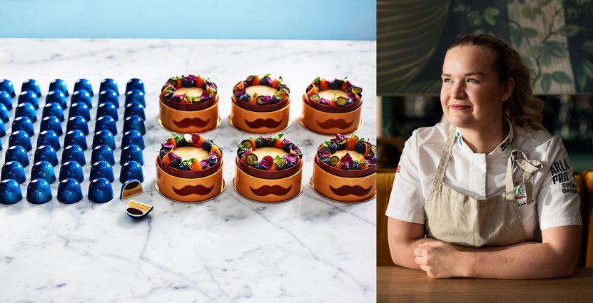 Josefine Pagander, Årets konditor 2022 och Head Pastry Chef på Svenska Mässan Gothia Towers, bakar blått i november. Foto: Arla/Fanny Jansson
