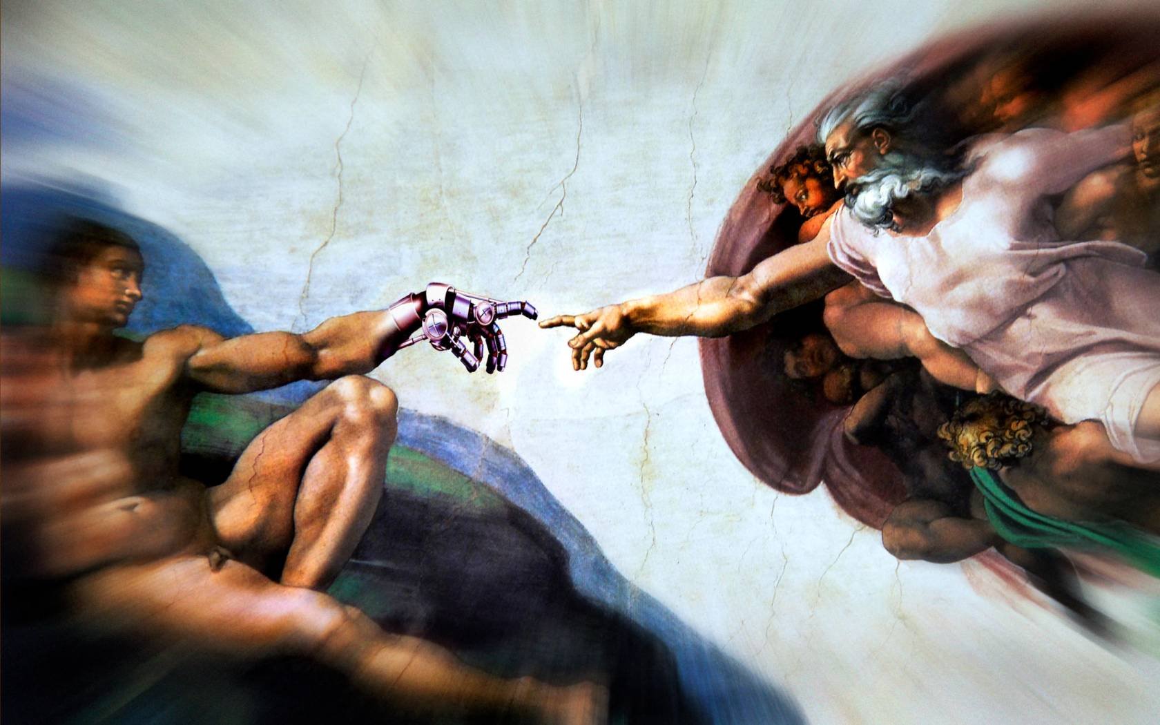 The Creation of Adam, composed with a robot hand.