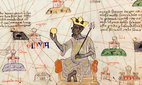 Detail from a Catalan Atlas showing a Map of the Western Sahara and Mansa Musa (1280-1337), ninth ruler of the Mali Empire (circa 1312-1337), map by Abraham Cresques, 1375.