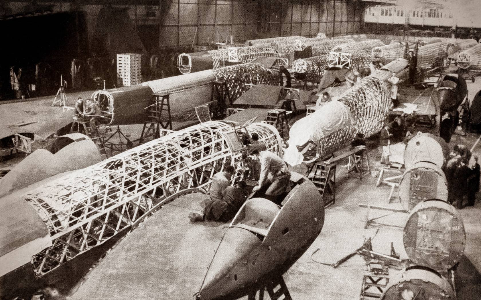 The production line of the Vickers-Armstrong Wellington, a twin-engined, long-range medium bomber.