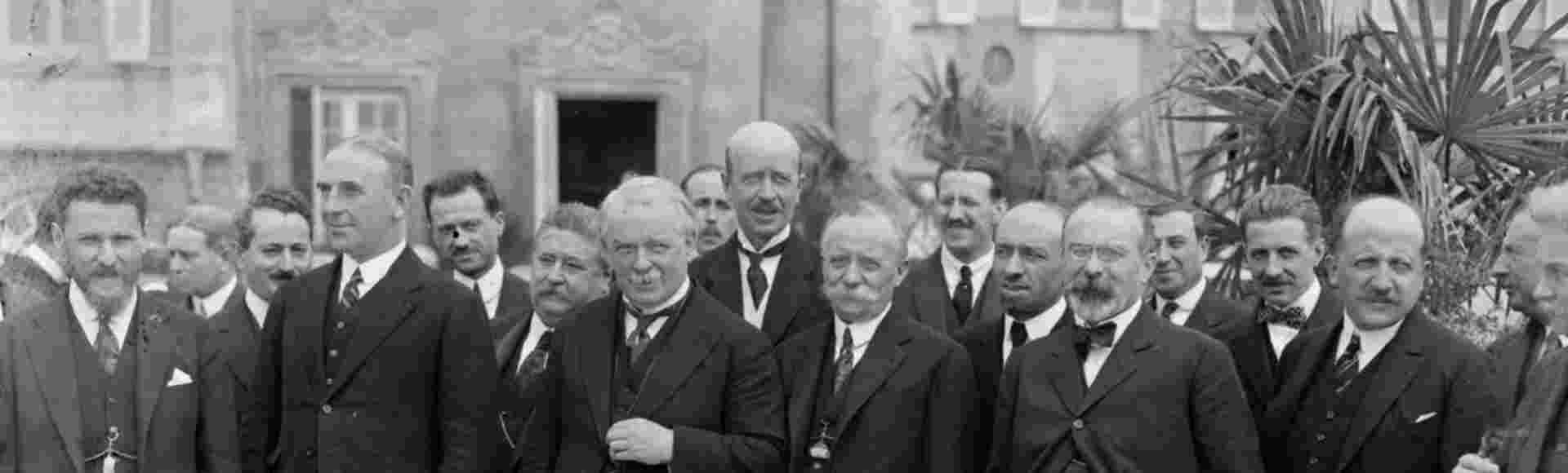 David Lloyd George and other members of the British delegation outside the Palazzo Reale at Genoa with other Allied leaders, 1922.