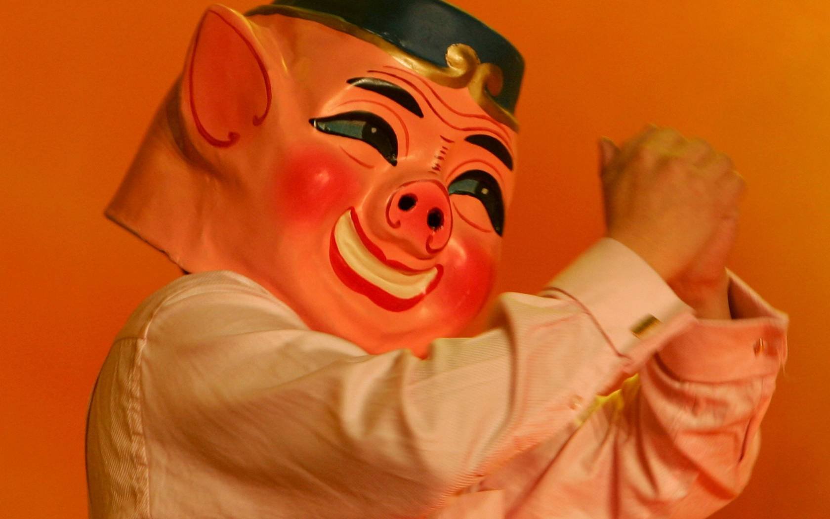 Performer dresses as a pig to commemorate the Year of the Pig on Chinese New Year, 2007