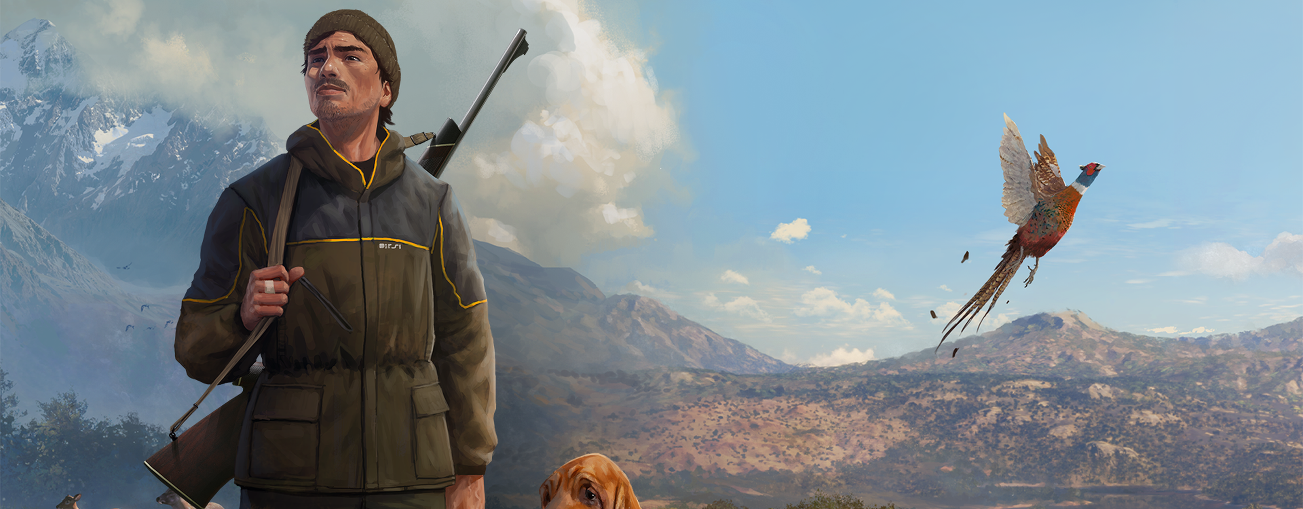 A lone hunter standing with his gun across his back and his bloodhound at his side in front of a landscape that shifts between two reserves from the game theHunter: Call of the Wild