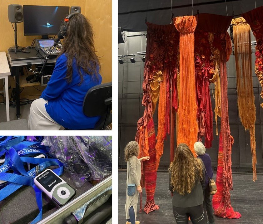 Collage med tre scener: en person sitter vid en dator med hörlurar och arbetar med ljud eller syntolkning; närbild av teknisk utrustning med hörslinga/lyssningsenheter; samt tre personer som betraktar en sceninstallation med hängande tyg i varma färger.