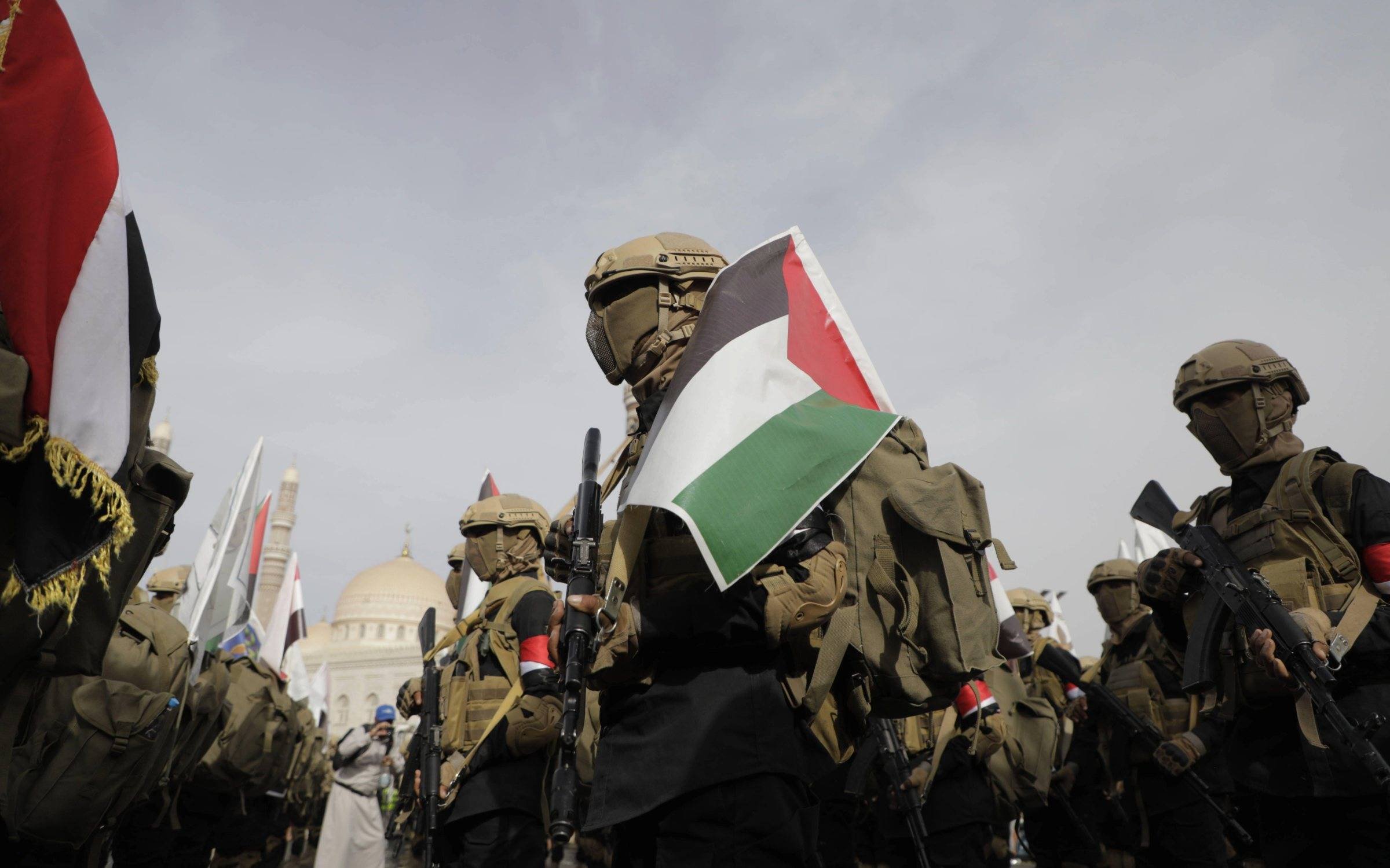 Houthi soldiers take part in an anti-US and anti-Israel protest in Sanaa, Yemen, May 2025.