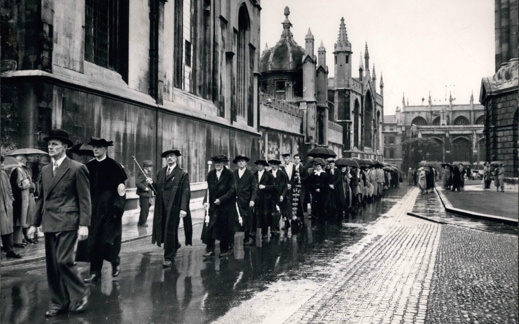 The procession to the Encaenia at Oxford for the presentation of Honorary Degrees. May, 1950. Credit: Keystone Press