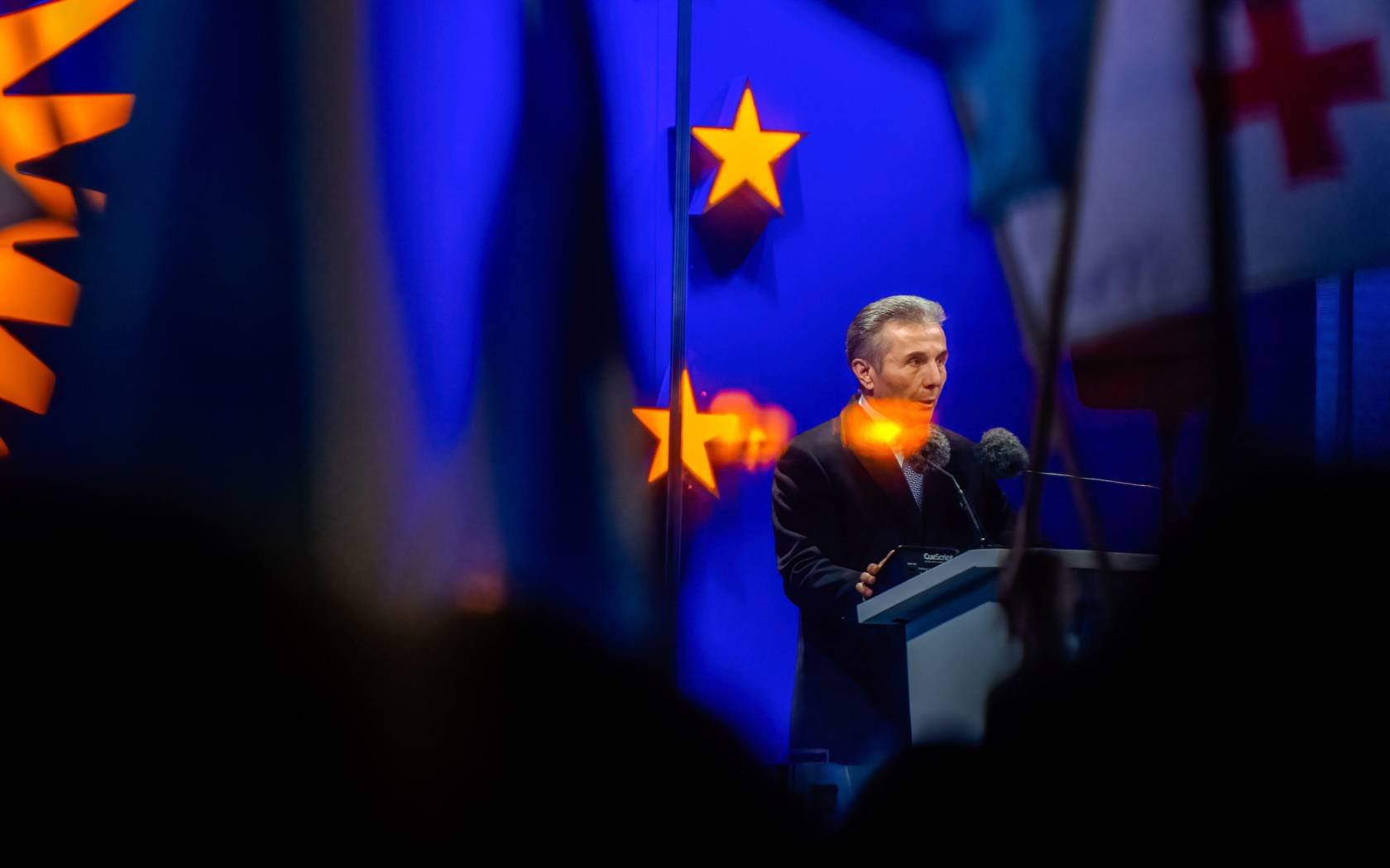 Georgian Dream founder Bidzina Ivanishvili speaks to a crowd, days before the most recent elections.