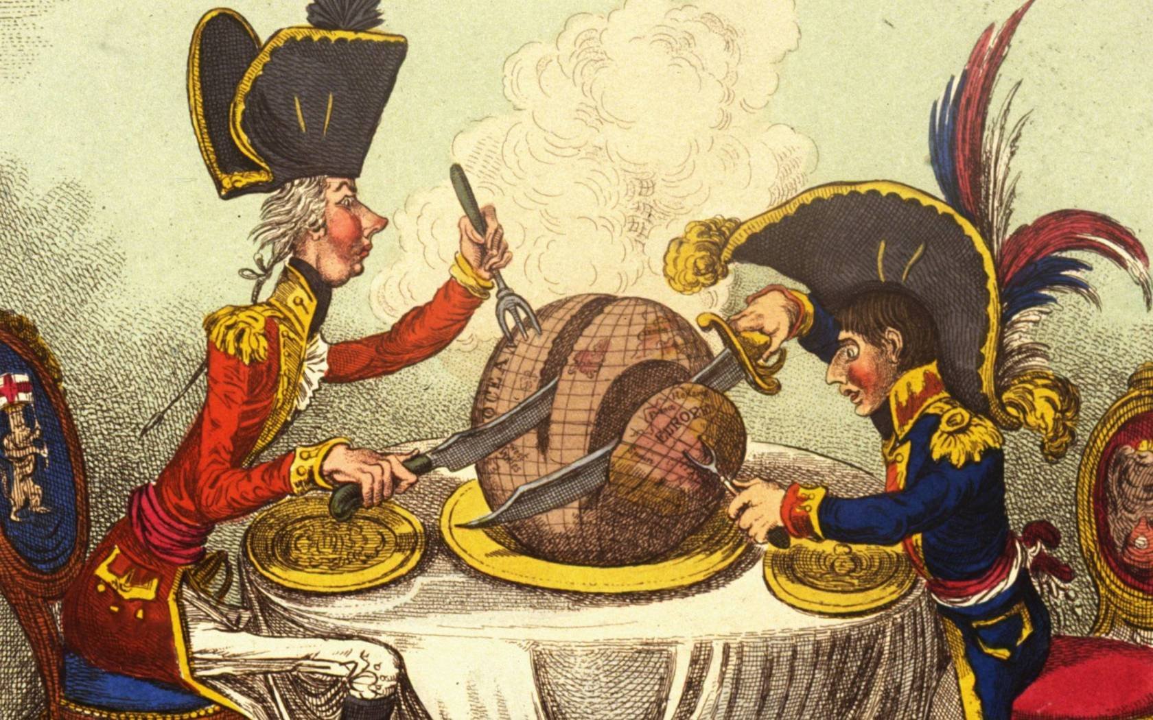 Carving Up The World A satrirical cartoon by James Gillray, showing British Prime Minister William Pitt and the French leader Napoleon Bonaparte, carving up the world between them. Entitled 'The Plumb Pudding in Danger' - pub. 26th February 1805