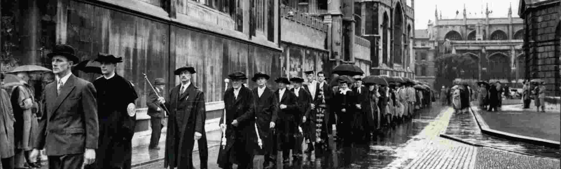 The procession to the Encaenia at Oxford for the presentation of Honorary Degrees. May, 1950. Credit: Keystone Press