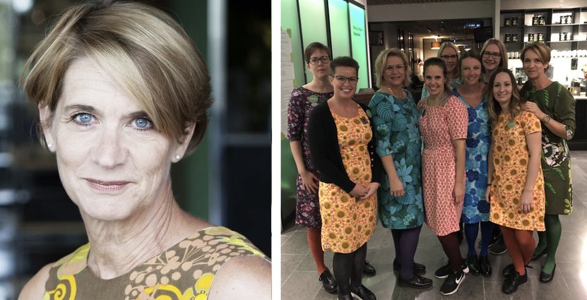 Lotta Giesenfeld Boman prisas för Sigtunahöjdens hållbarhetsarbete, vilket bland annat innebär initiativet att sy upp arbetskläder till teamet av återvunnen textil. 