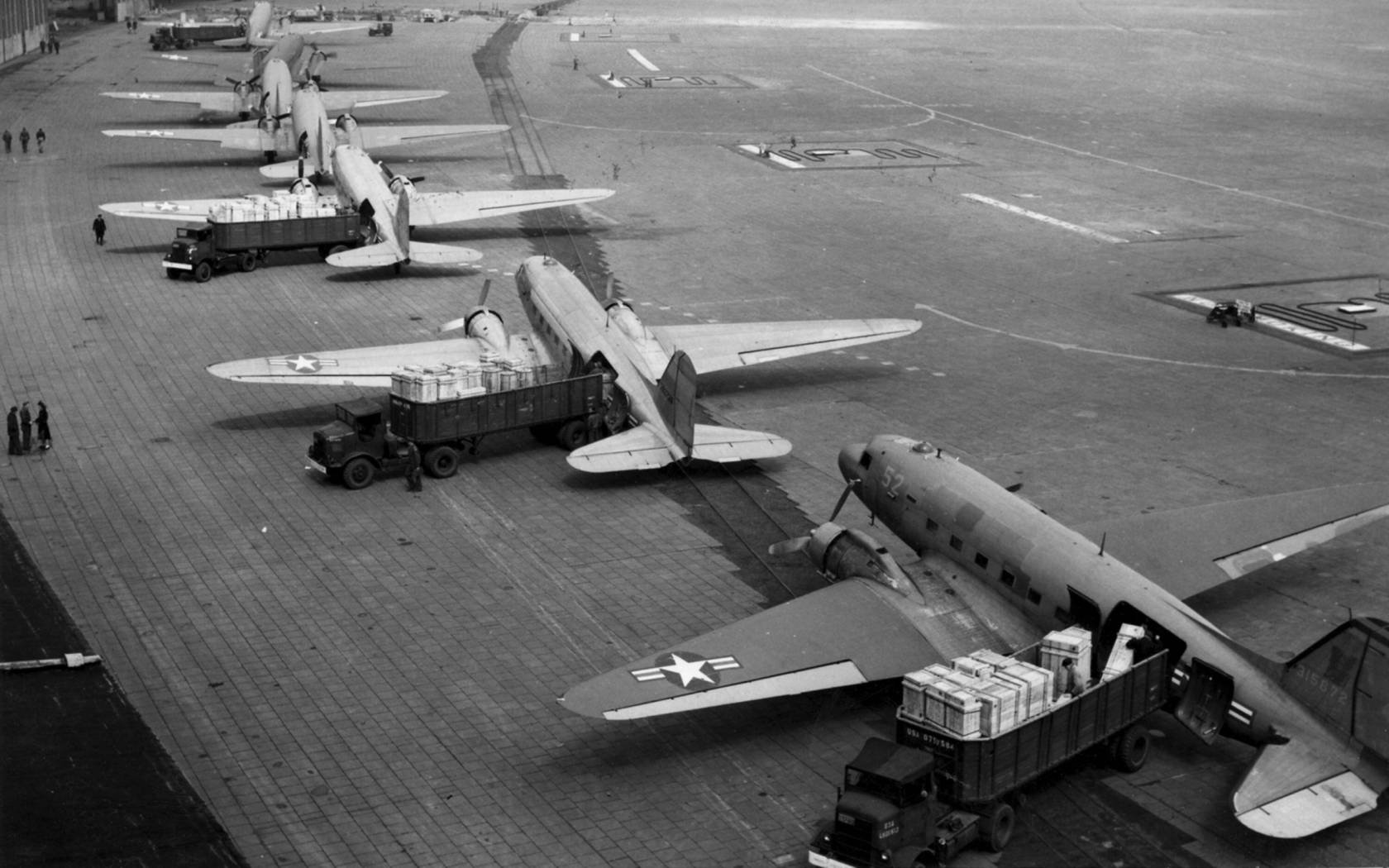 C-47 Skytrains unloading at Tempelhof Airport during the Berlin Airlift.