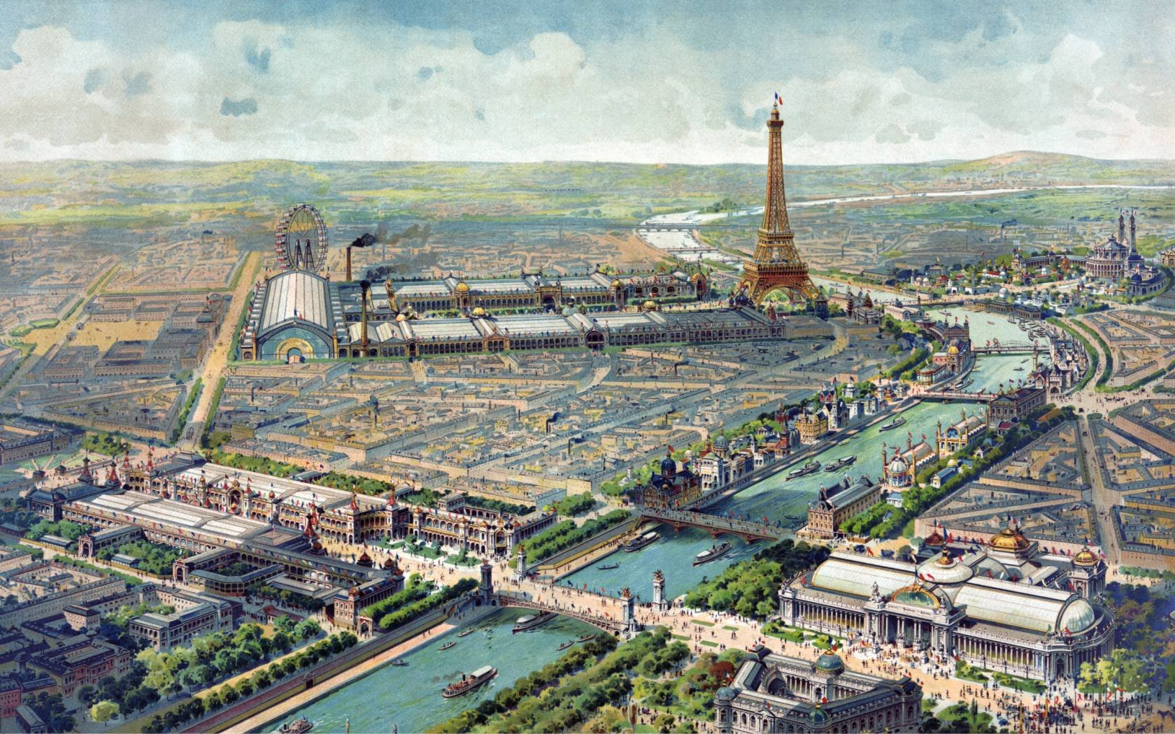 Contemporary lithograph colour print showing an aerial view of the Paris Exposition universelle in 1900.