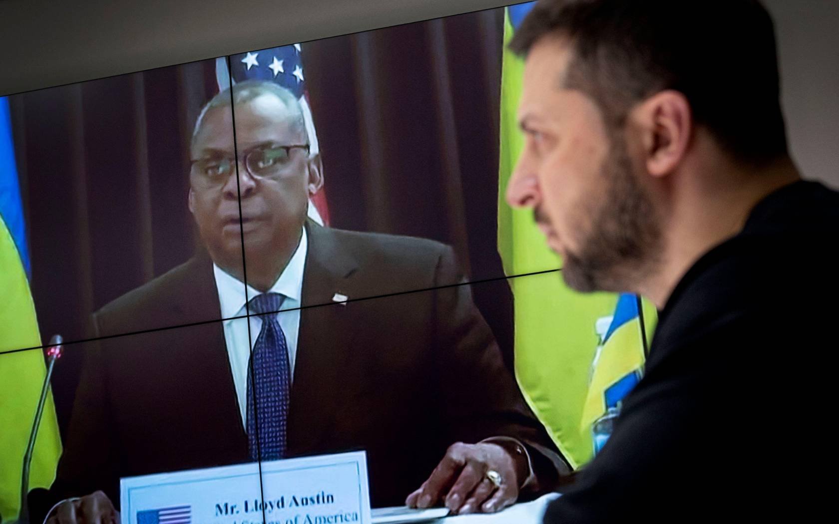 Ukrainian President Volodymyr Zelensky addresses the Ramstein summit.