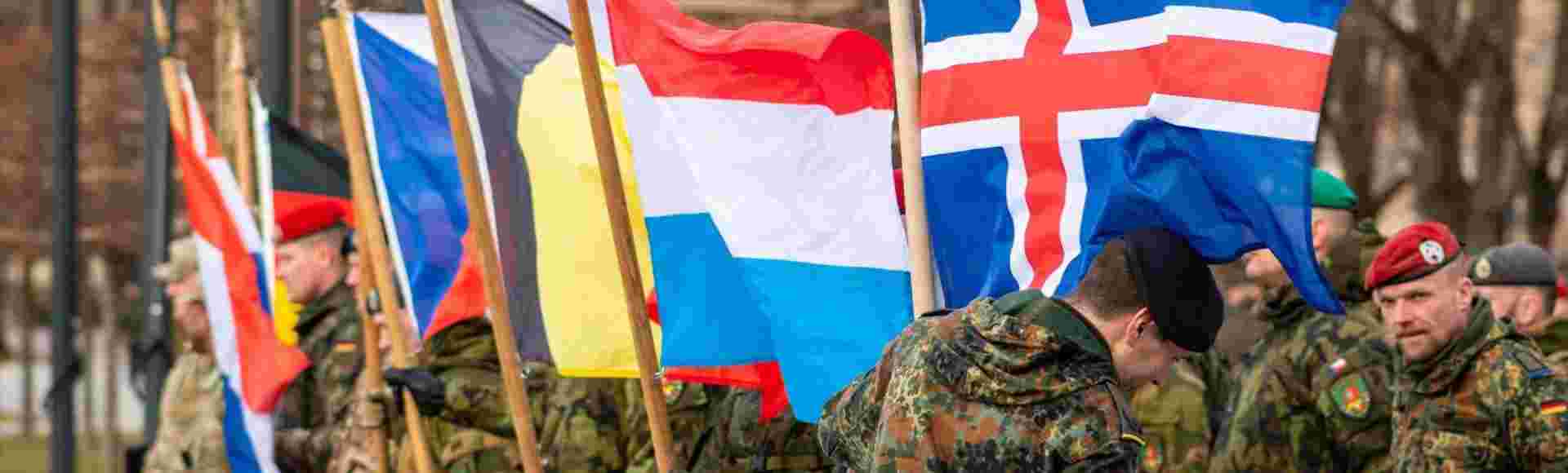 Flags of various European countries members of a NATO force integration unit in Vilnius, Lithuania, 29 March 2022.