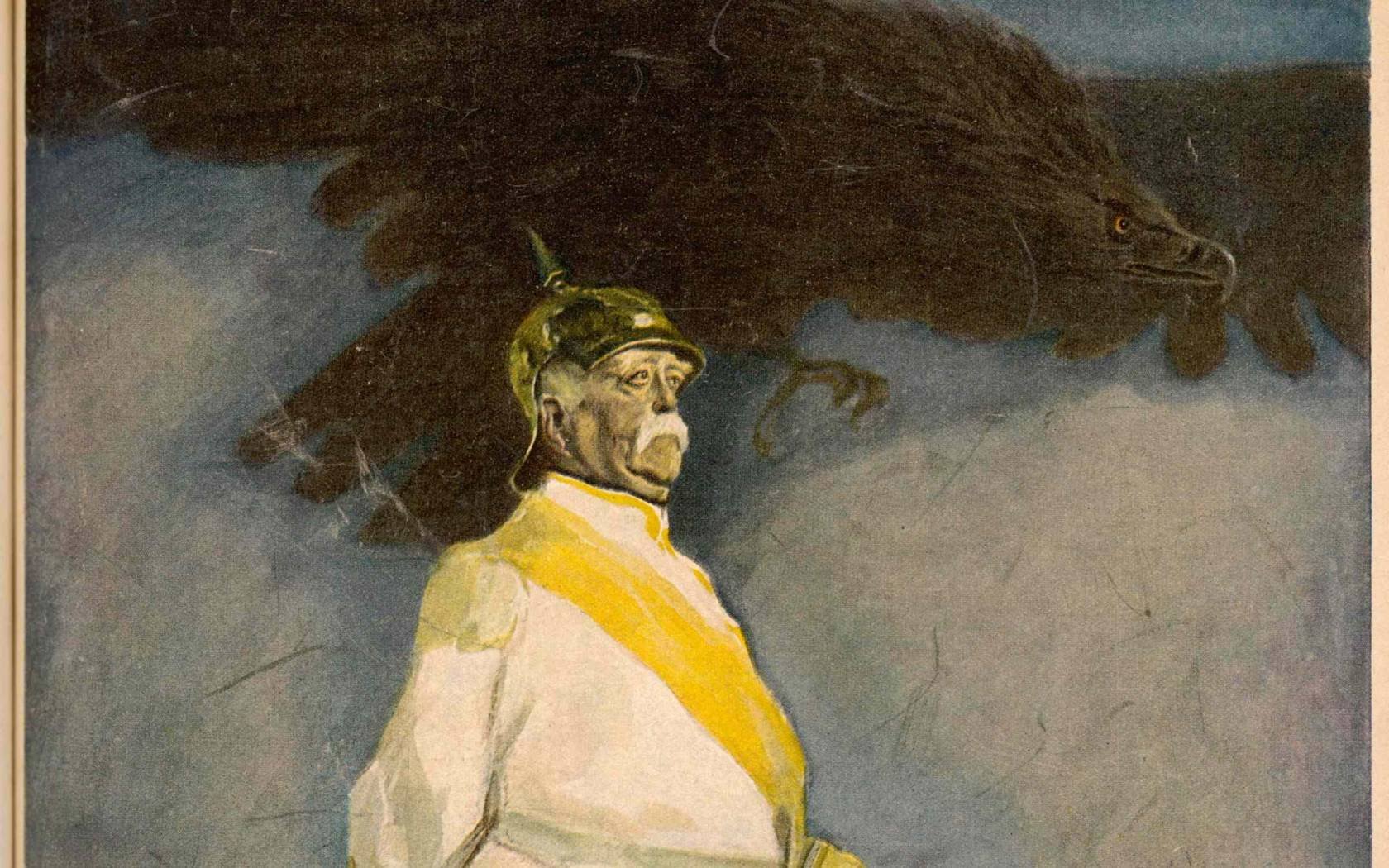 A painting of Otto von Bismarck in military uniform with a giant Prussian eagle above him.