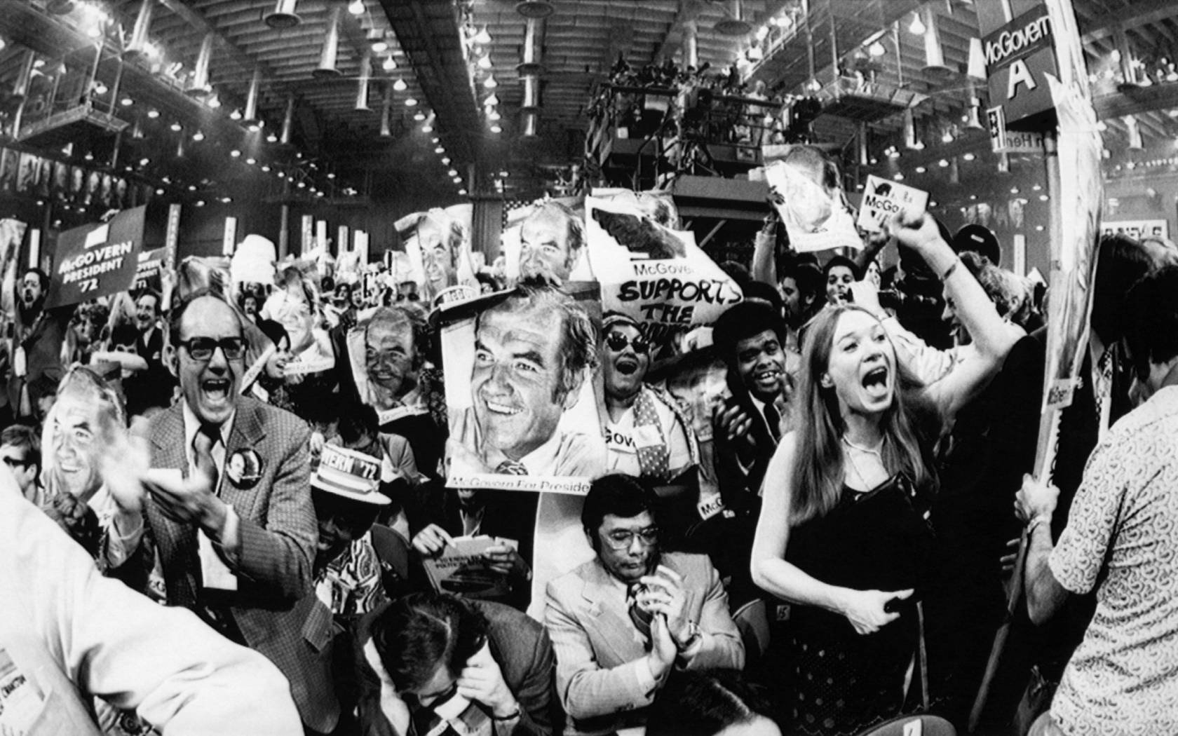 A crowd cheers at the nomination of US Senator George McGovern for US President at the Democratic National Convention.