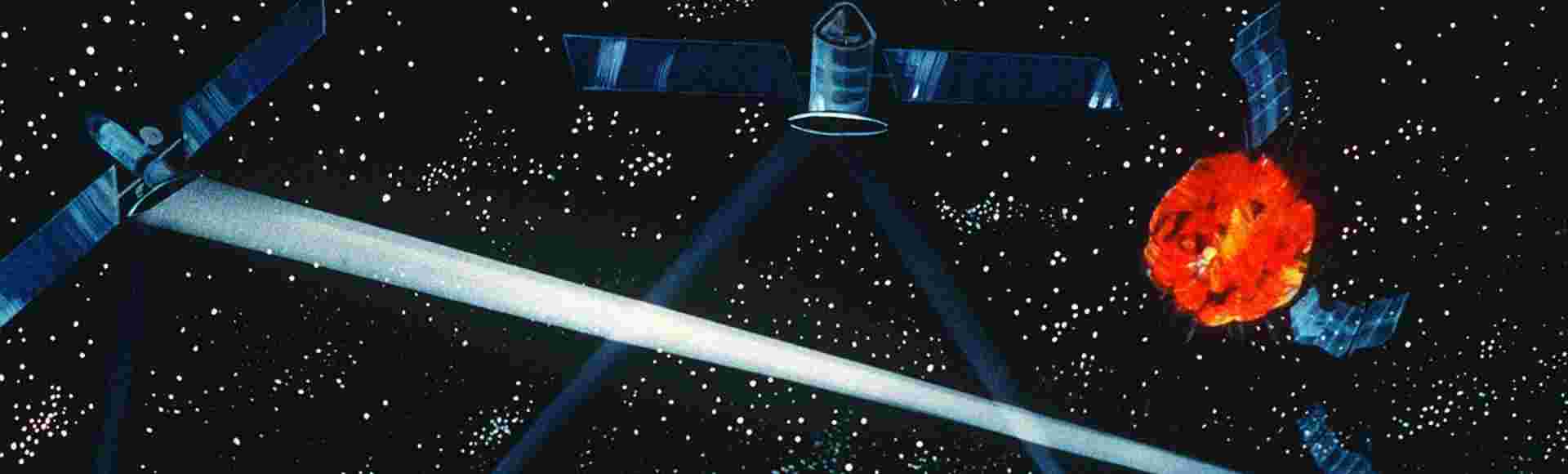 An artist's concept of a hybrid ground and space-based laser weapon destroying enemy satellites.