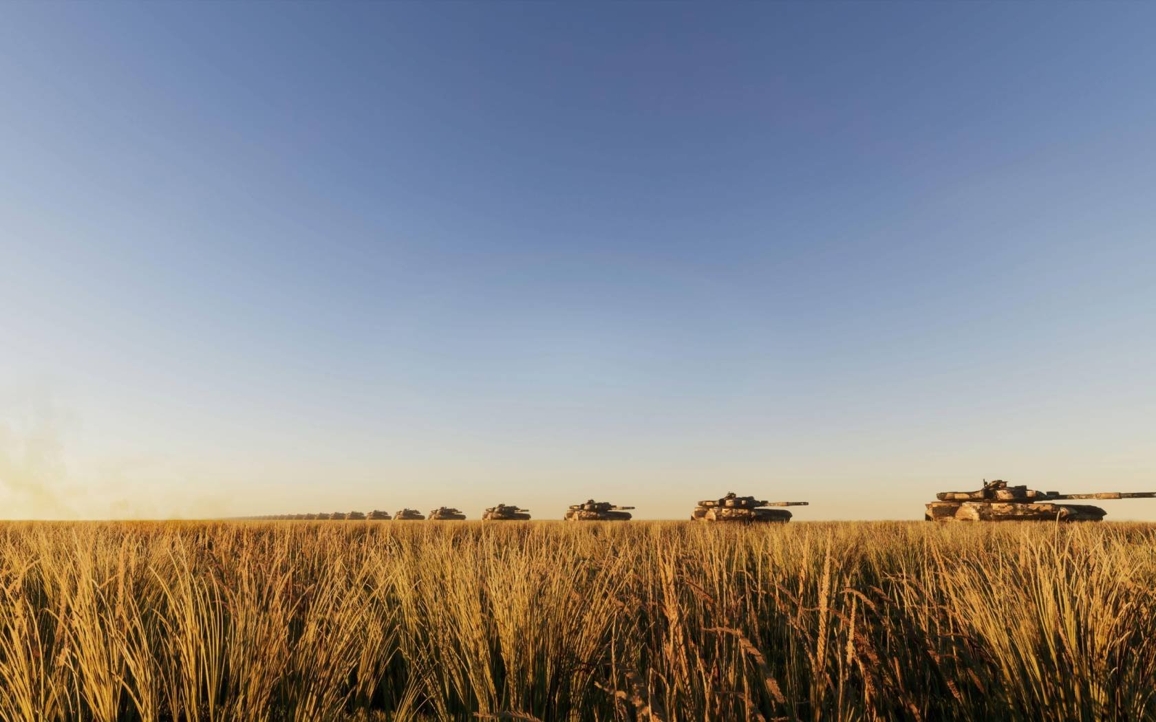 Concept photograph of a military convoy of Ukrainian T-84 battle tanks marching through a wheat field.
