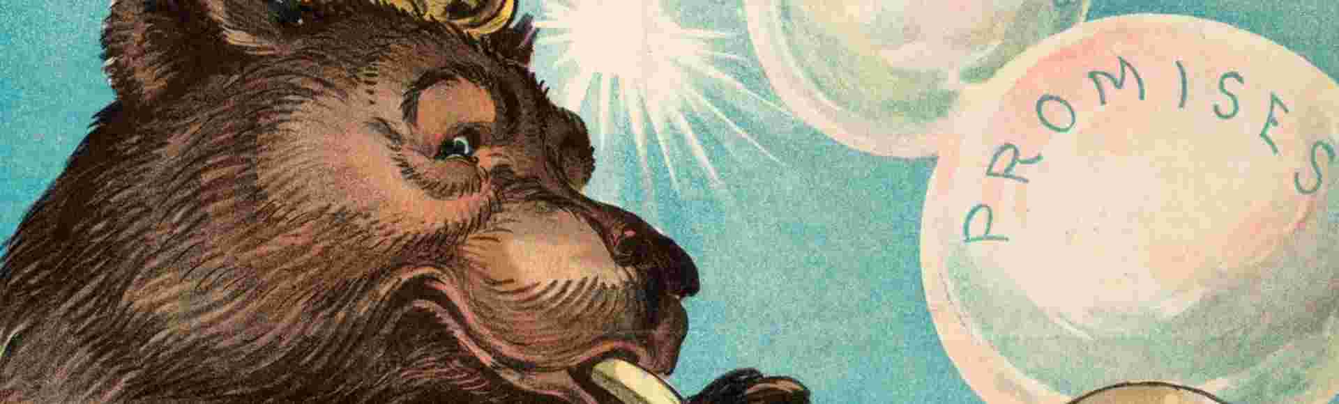 A political cartoon shows the Russian bear blowing soap bubbles labeled 'Promises' through a meerschaum pipe.