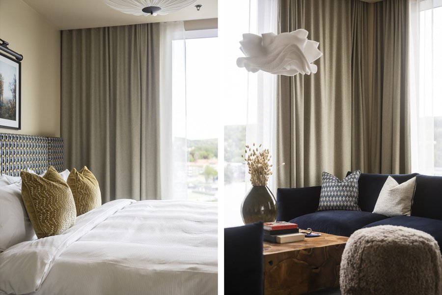 S&auml;ng och del av soffgrupp i stora sviten