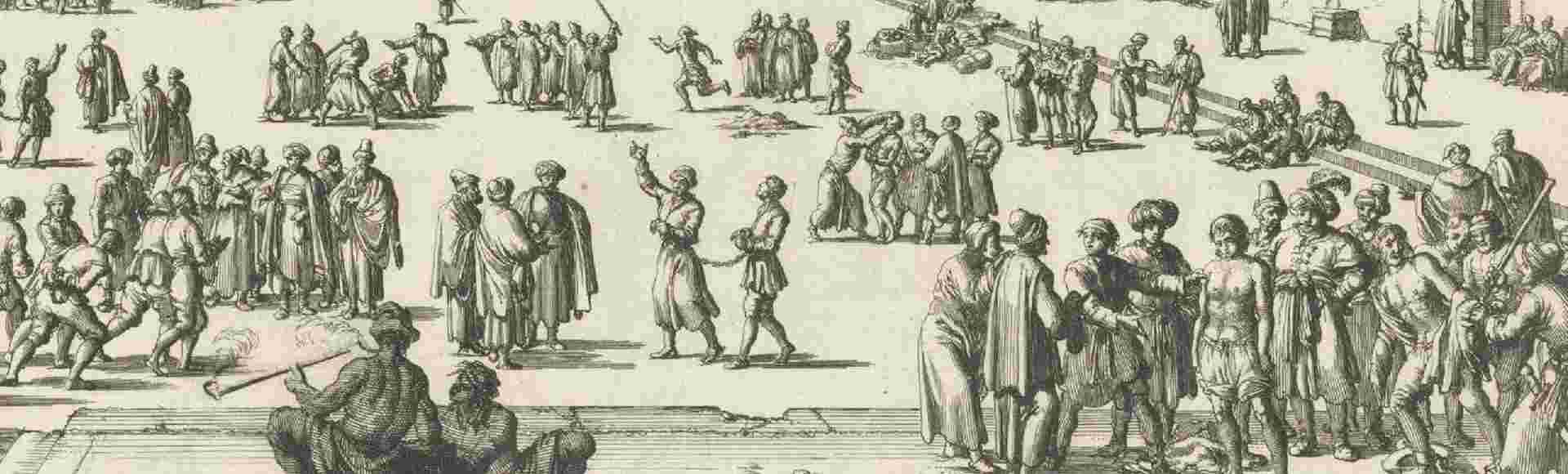 A print depicting Christian prisoners sold at a slave market in Algiers.