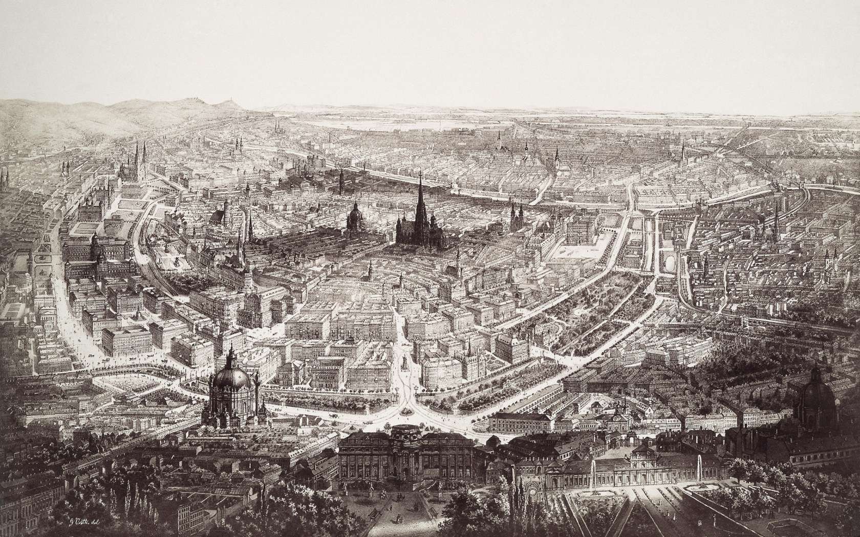 19th century engraved panoramic view of Vienna, Austria.