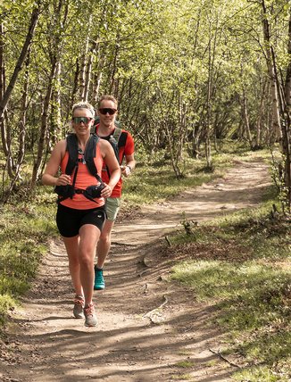 tv&aring; personer joggar i gr&ouml;nskande fj&auml;llbj&ouml;rkskog