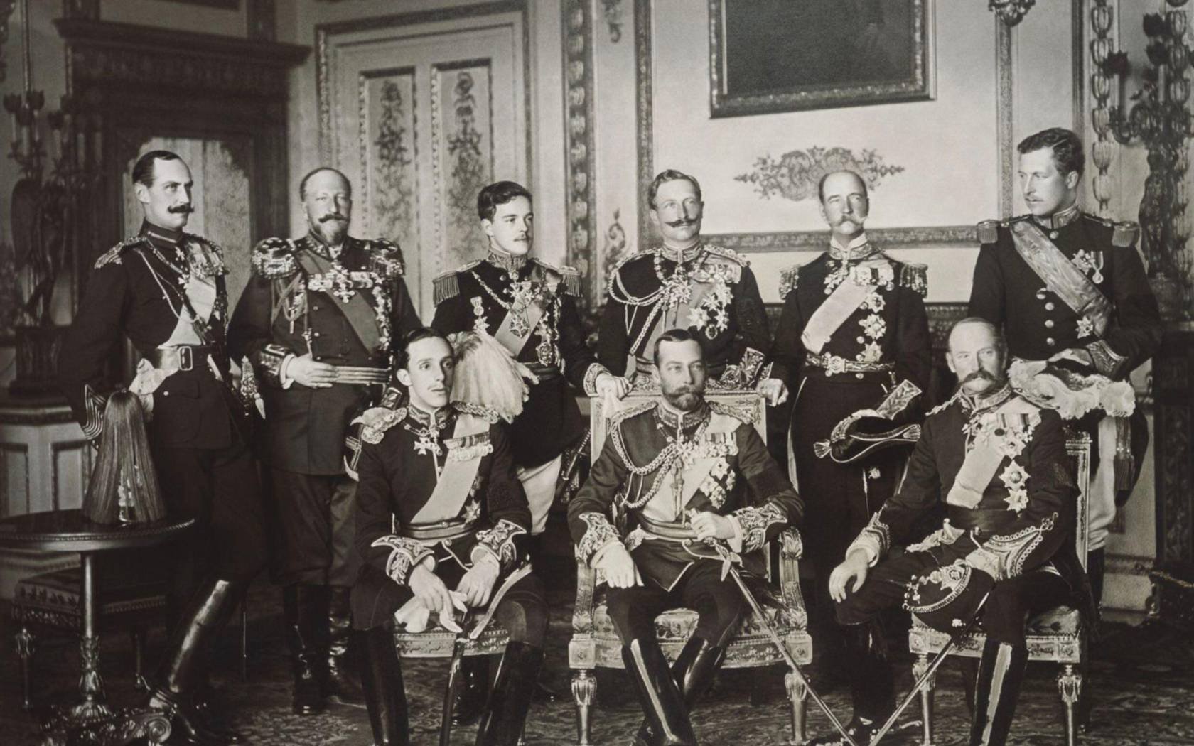 Nine kings gathered at Windsor Castle for the funeral of Edward VII in May 1910. From left to right standing: King Haakon VII of Norway, Tsar Ferdinand of the Bulgarians, King Manuel II of Portugal and the Algarve, Kaiser Wilhelm II of Germany and Prussia, King George I of the Hellenes, King Albert I of the Belgians. Seated from the left: King Alfonso XII of Spain, King George V of the United Kingdom, King Frederick VIII of Denmark.