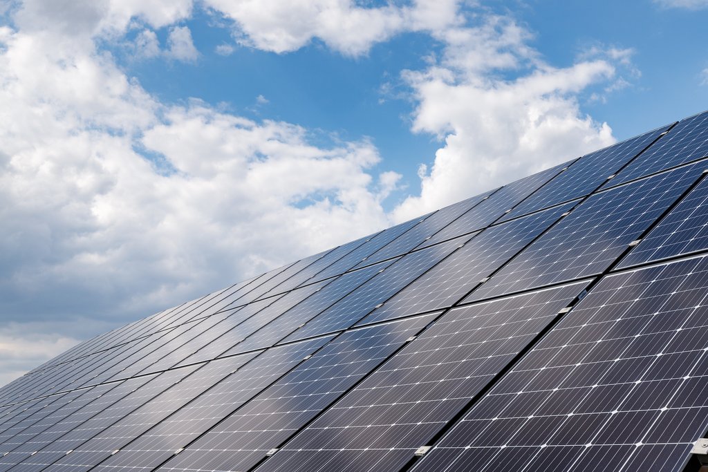 close-up view of solar panels on a background of blue sky