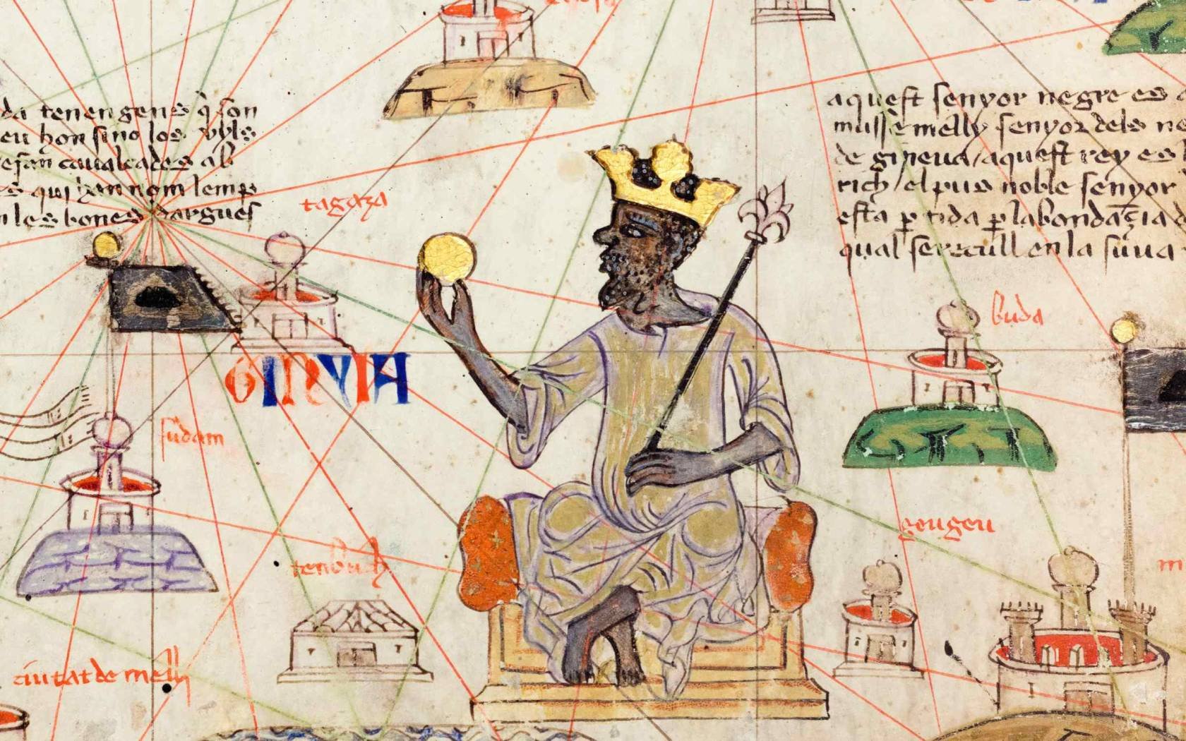 Detail from a Catalan Atlas showing a Map of the Western Sahara and Mansa Musa (1280-1337), ninth ruler of the Mali Empire (circa 1312-1337), map by Abraham Cresques, 1375.