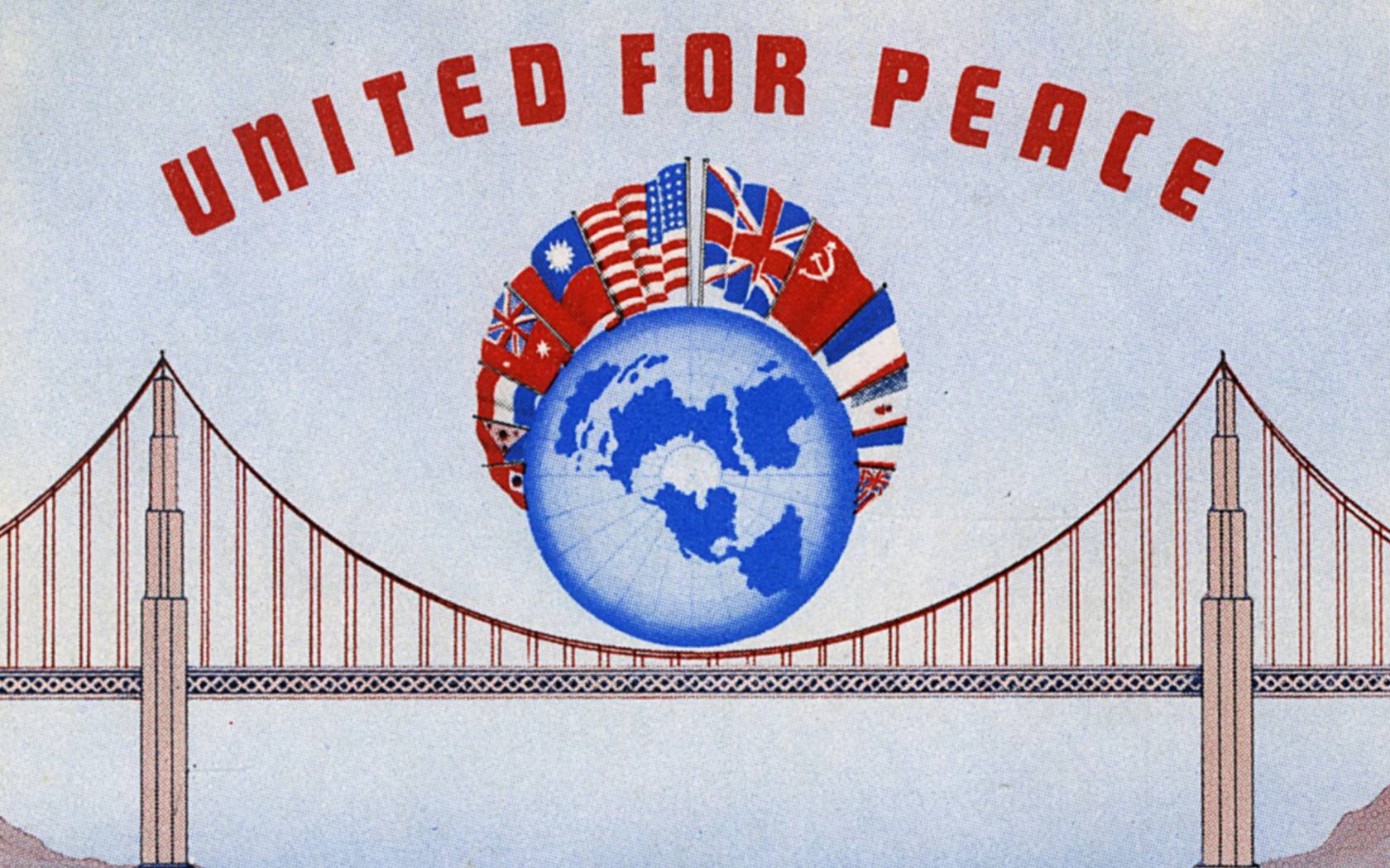 Poster advertising the inaugural conference of the United Nations in San Francisco.