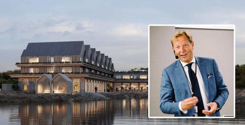Skiss på det kommande hotellet samt bild på koncernschef Anders Junger in action.  